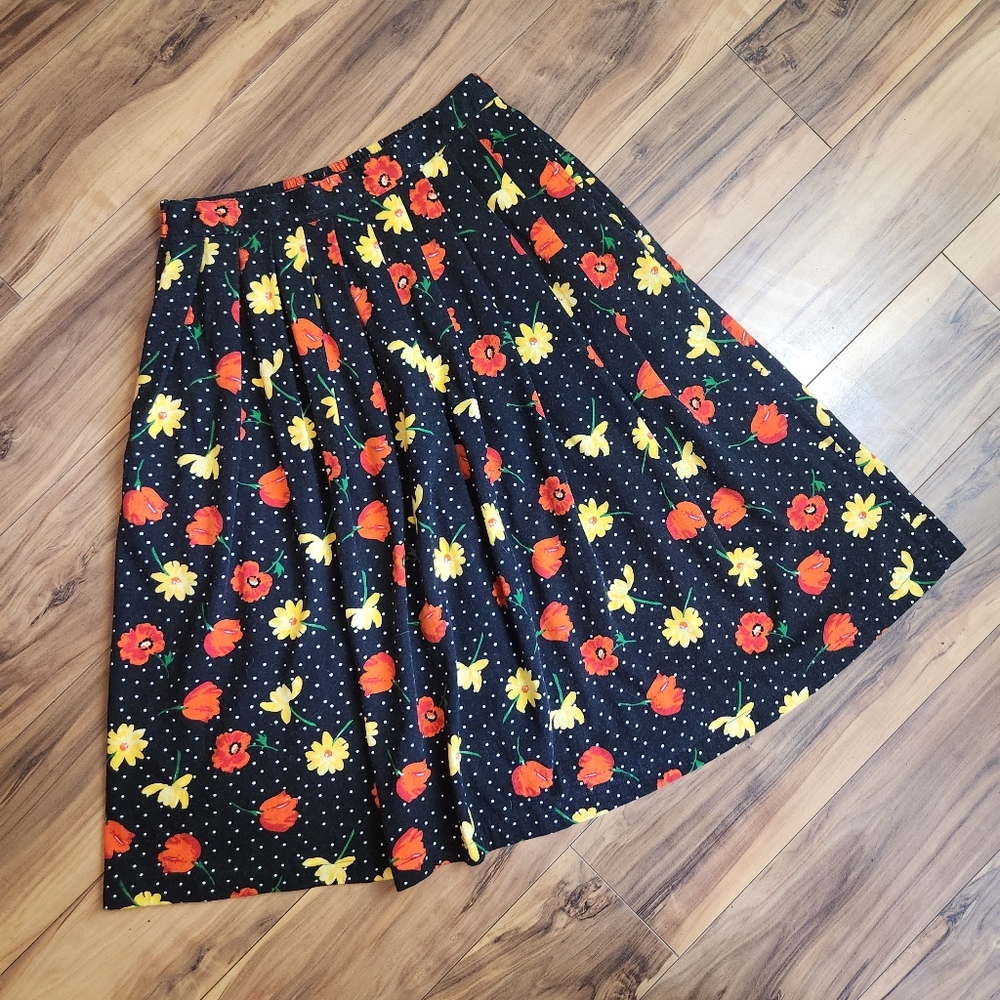 Vintage Laura Lee Ltd Floral Polka Dot 100% Cotton Midi Skirt Size S